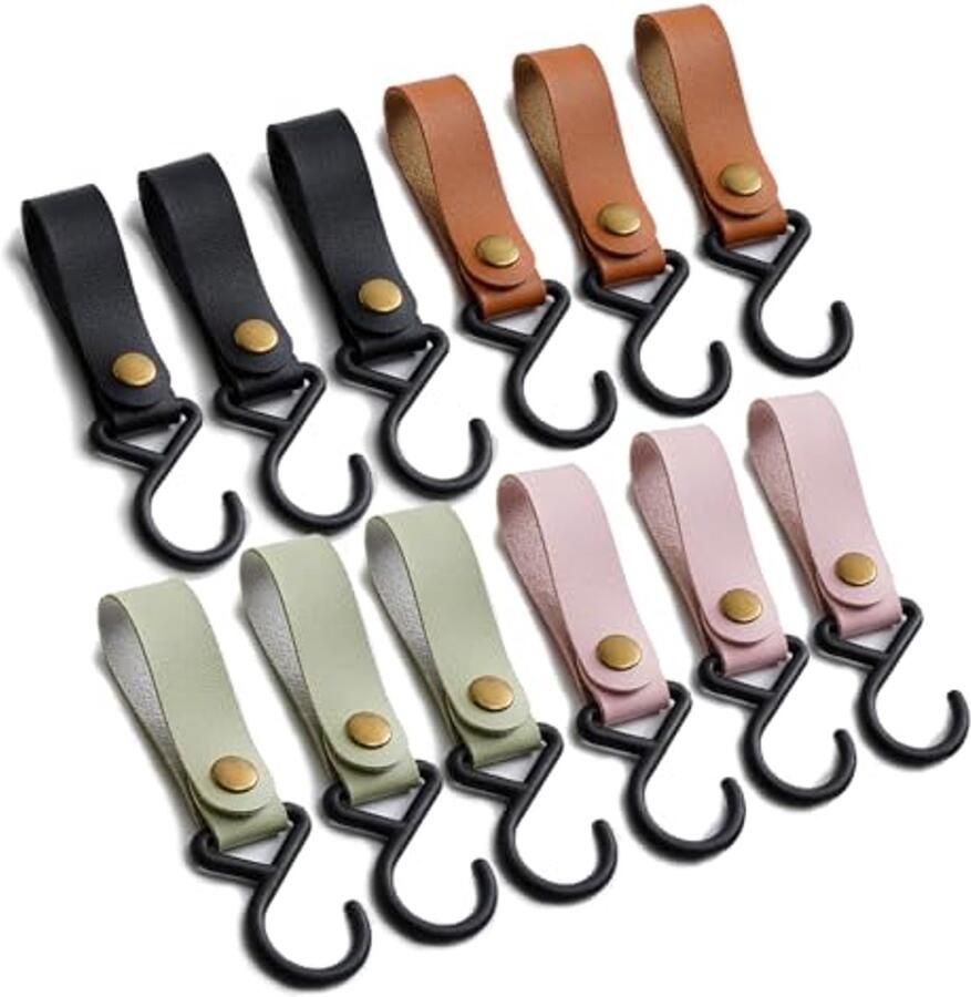 Set van 12 haken voor kledingroede S-haken met leren lus haken om op te hangen S-vormige lederen campinghaken 16 x 2 cm multifunctionele plastic haken voor kledingkast jas keuken badkamer