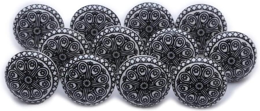 Set van 12 handgeschilderde zwart-witte keramische mandala-knoppen. Handgemaakte handgrepen voor kasten laden dressoirs en hangers. Klassieke keramische knoppen met een diameter van 40 mm
