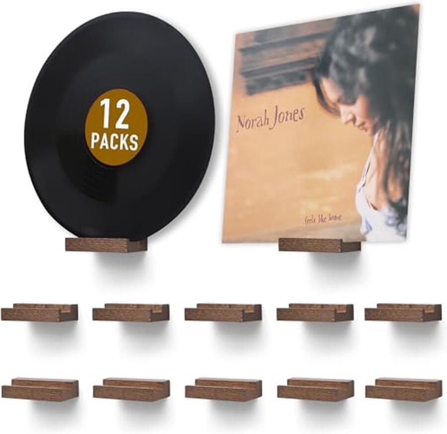 Set van 12 Massief Eikenhouten Wandplanken voor Vinyl Platen en Foto's Platencollectierek in Licht Walnoot