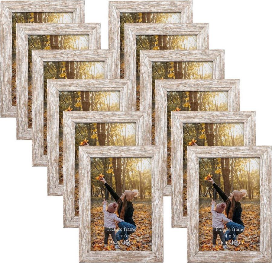 Set van 12 rustieke fotolijsten 10 x 15 cm met natuurlijke houtnerf voor 15 x 10 foto's. Fotolijst collage set voor aan de muur of op tafel