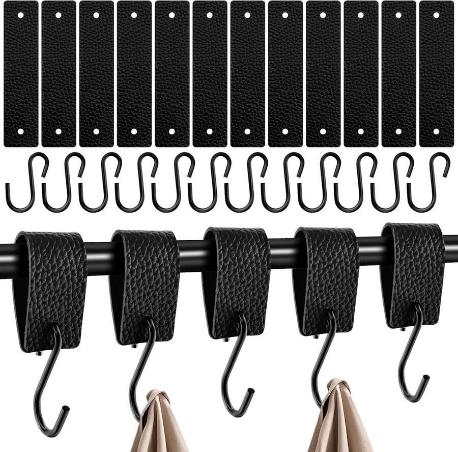 Set van 12 S-haken met leren lus stabiele roestvrijstalen haken voor kledingstang 12 5 x 3 cm haken om op te hangen voor garderobe camping keuken badkamer duurzaam en sterk