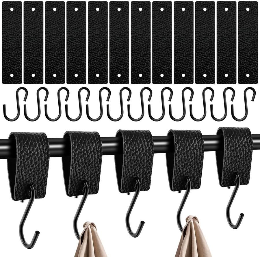 Set van 12 S-haken met leren lus stevige roestvrijstalen haken voor kledingroede 12 5 * 3 cm haken om op te hangen voor kledingkast camping keuken badkamer duurzaam en slijtvast