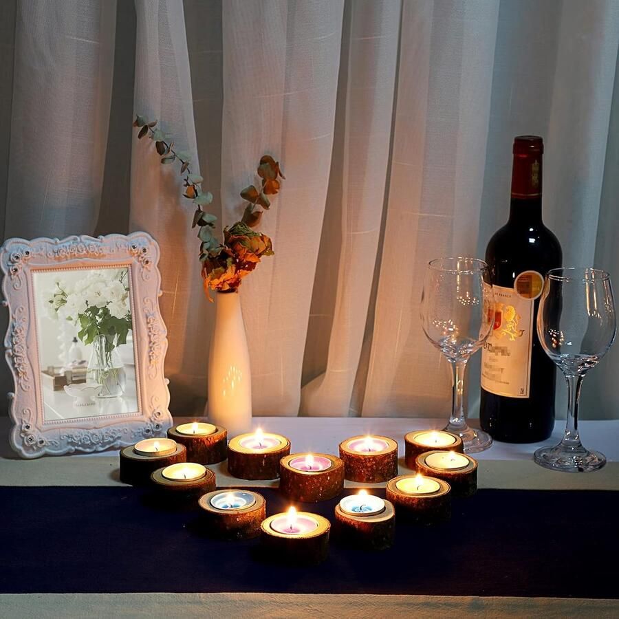 Set van 12 theelichthouders houten votiefkaarshouder kaarshouder decoratie voor tafel bruiloft kerstfeest Valentijnsdag huisdecoratie (2 5 cm bruin)