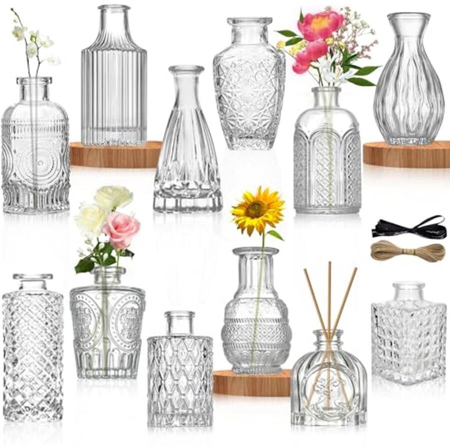 Set van 12 Vintage Glazen Vazen Mini Decoratieve Vazen voor Tafel en Bloemen