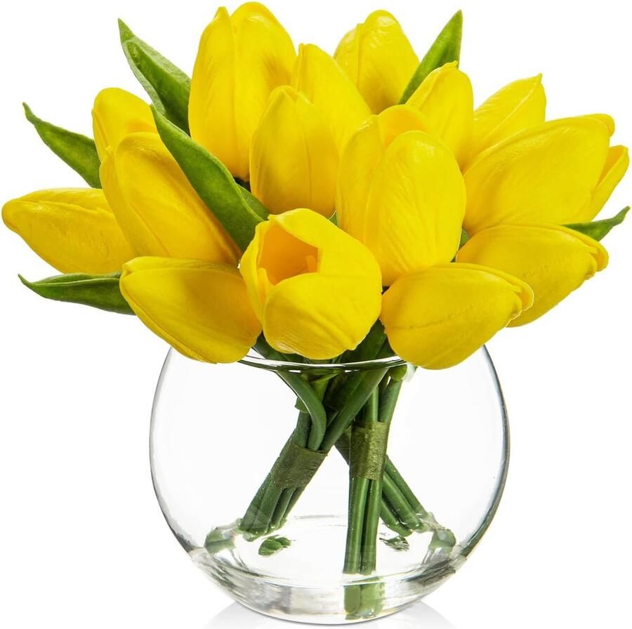 Set van 14 kunsttulpen met transparante glazen vaas kunsttulpen voelen echt aan kunsttulpen boeket arrangement voor thuis kantoor bruiloft eettafel geel