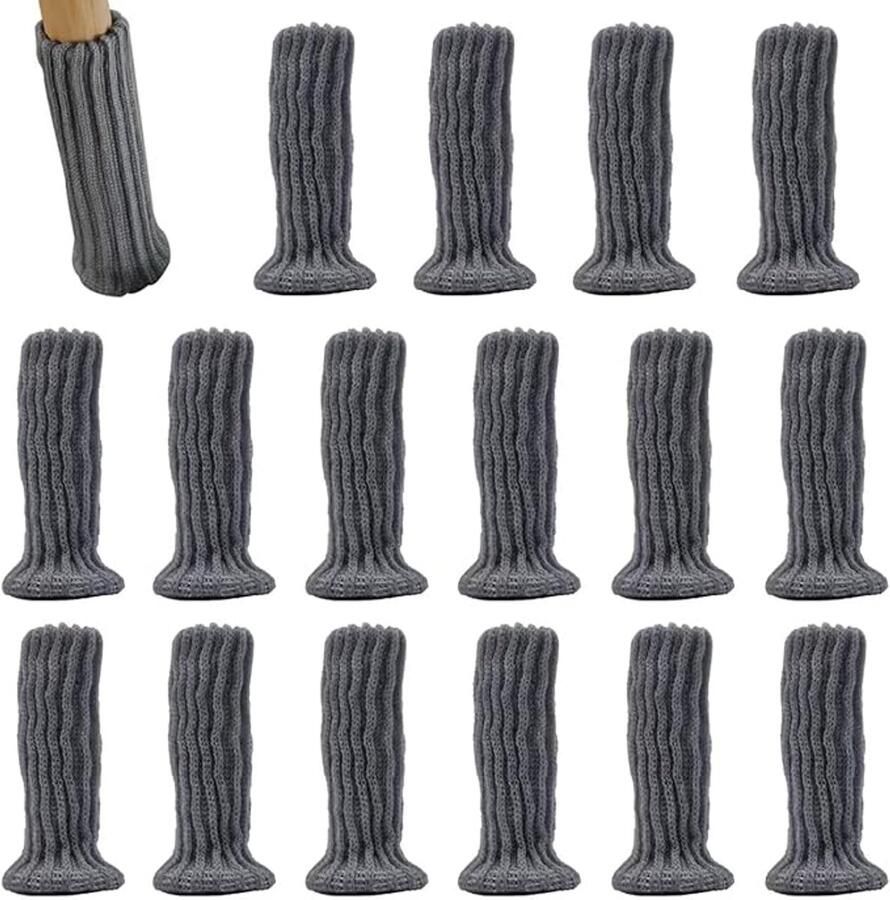 Set van 16 stoelpootsokken Elastische meubelsokken Stoelpoothoezen Zeer elastische vloerbeschermers Gebreide stof Antislip en slijtvast Voorkomt krassen en geluid Meubels Antislipmatten voor tafels en vloeren (grijs)