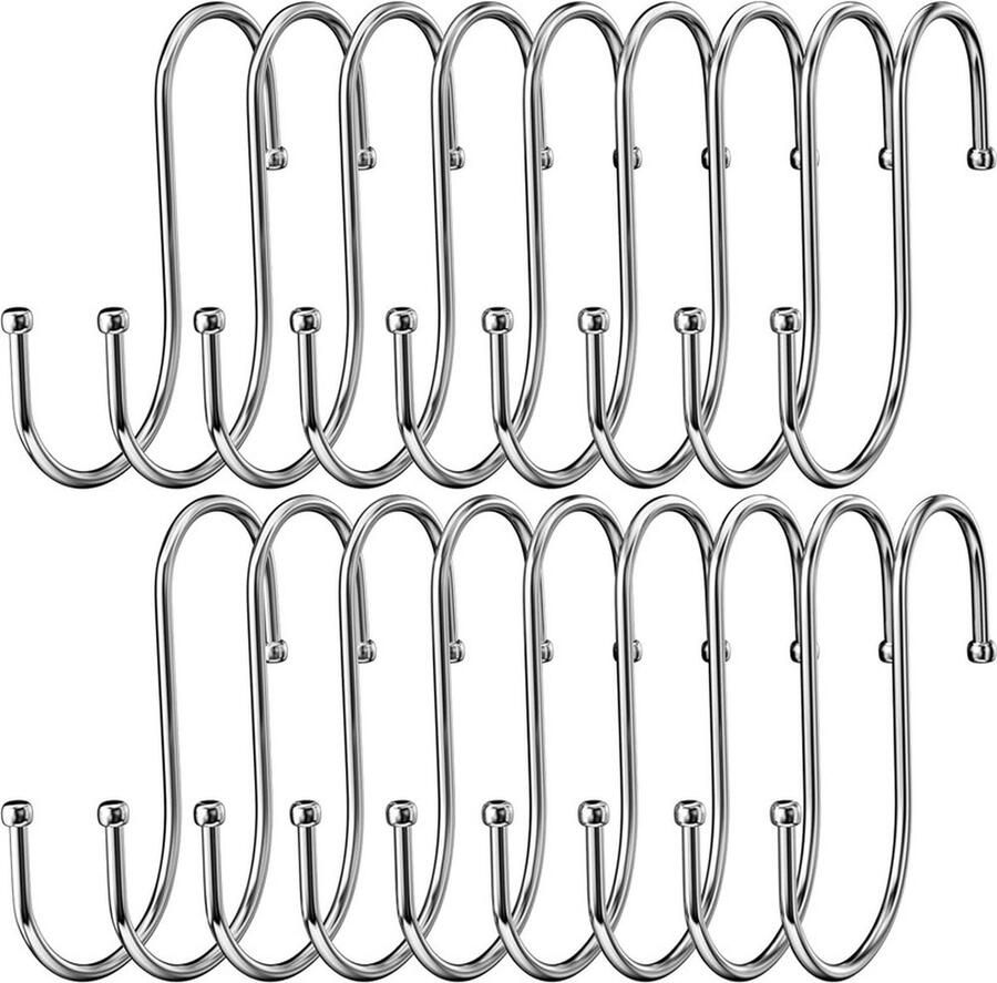 Set van 18 S-vormige haken van roestvrij staal S-vormige haken van roestvrij staal zware metalen dubbele haken voor het ophangen van kopjes kleding potten en pannen geschikt voor keuken badkamer tuin kledingkast (L 3.6x12cm)