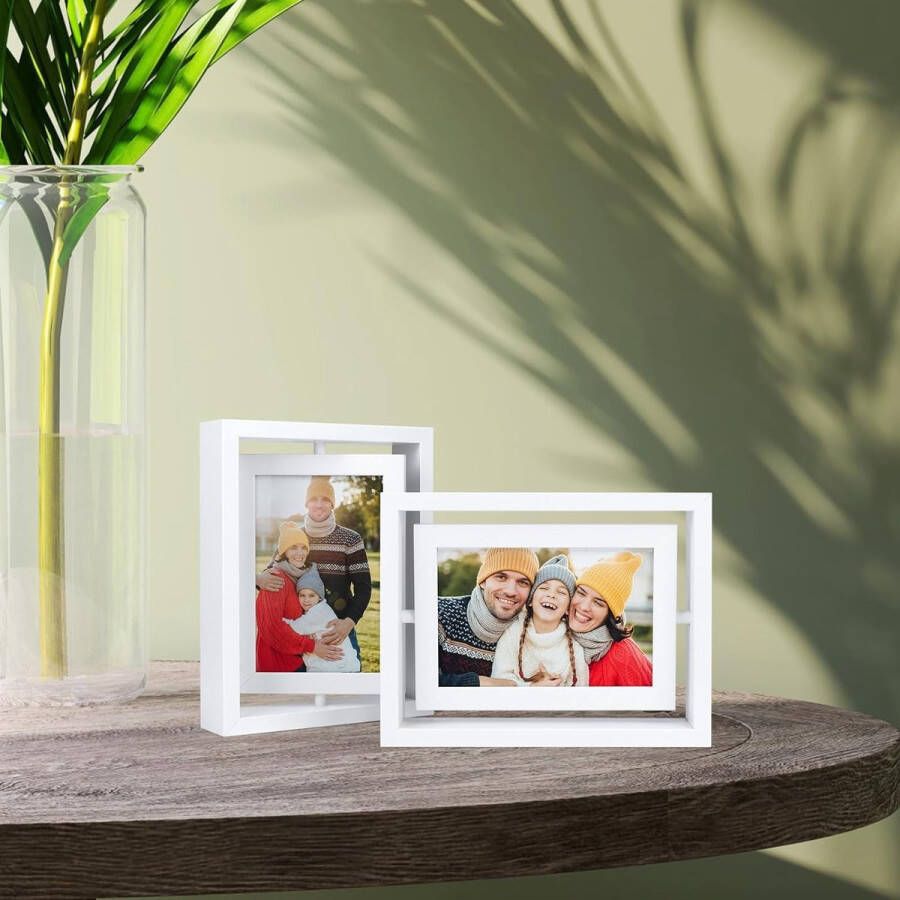 Set van 2 360° draaibare fotolijsten 10x15 cm met dubbel glas witte fotolijst houten lijst voor verticale of horizontale weergave op tafel
