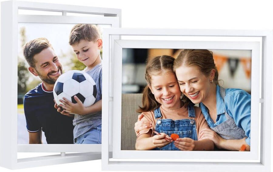Set van 2 360° draaibare fotolijsten 20 x 25 cm met dubbel glas witte houten fotolijst voor verticale of horizontale weergave op tafel