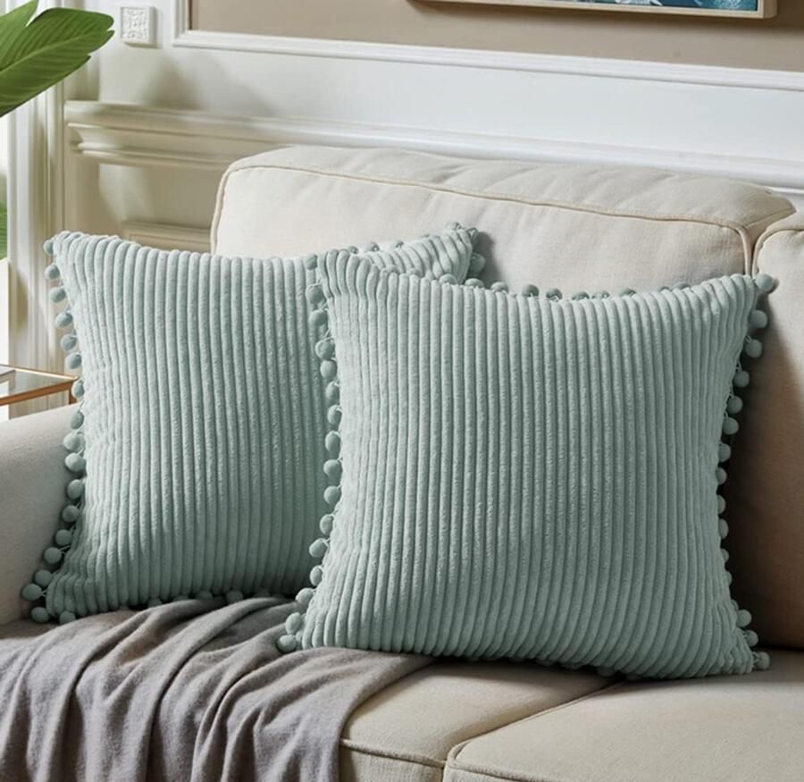 Set van 2 45x45 cm kussenslopen Corduroy stof met pomponrand Zachte effen bank- en slaapkamerkussens Scandinavische woondecoratie (grijsblauw)