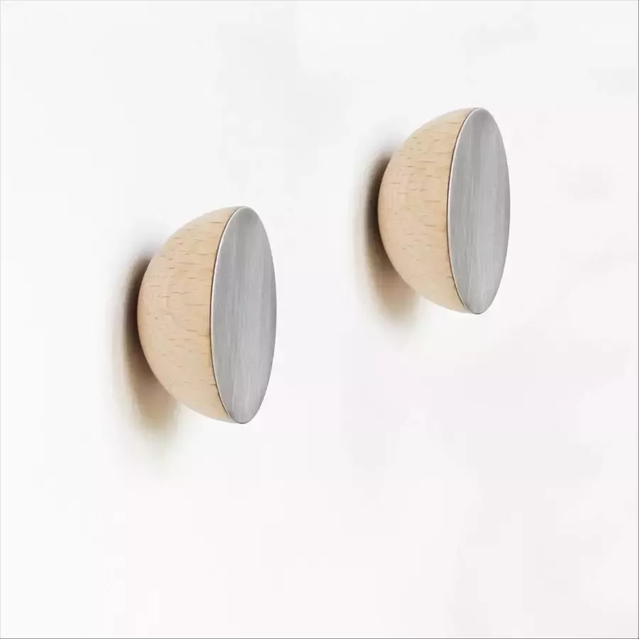 Set van 2 Ø 5cm Ronde Beukenhout & Aluminium Kapstok Jashaak Knop