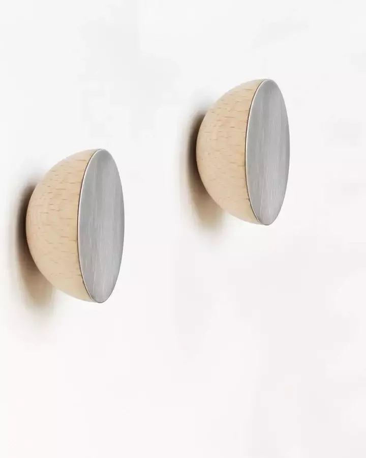 Set van 2 Ø 6cm Ronde Beukenhout & Aluminium Kapstok Jashaak Knop