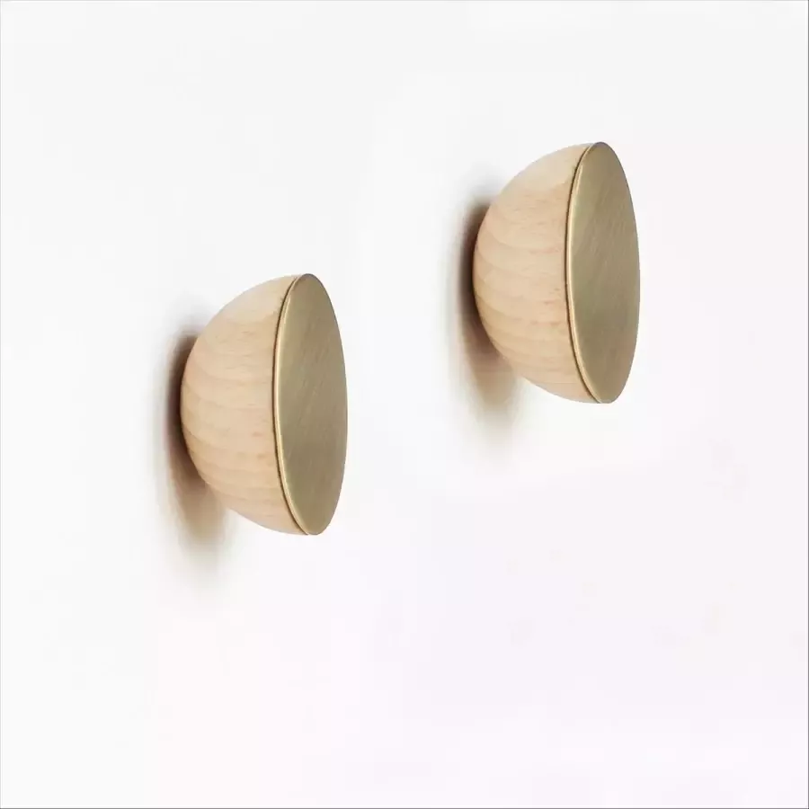 Set van 2 Ø 6cm Ronde Beukenhout & Goudkleurig Messing Kapstok Jashaak Knop