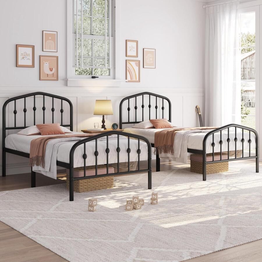Set van 2 90 x 190 cm vintage metalen bed met kroonvormig hoofdeinde stabiel bedframe eenpersoonsbed van metaal robuust en eenvoudige montage logeerbed jeugdbed dagbed zwart