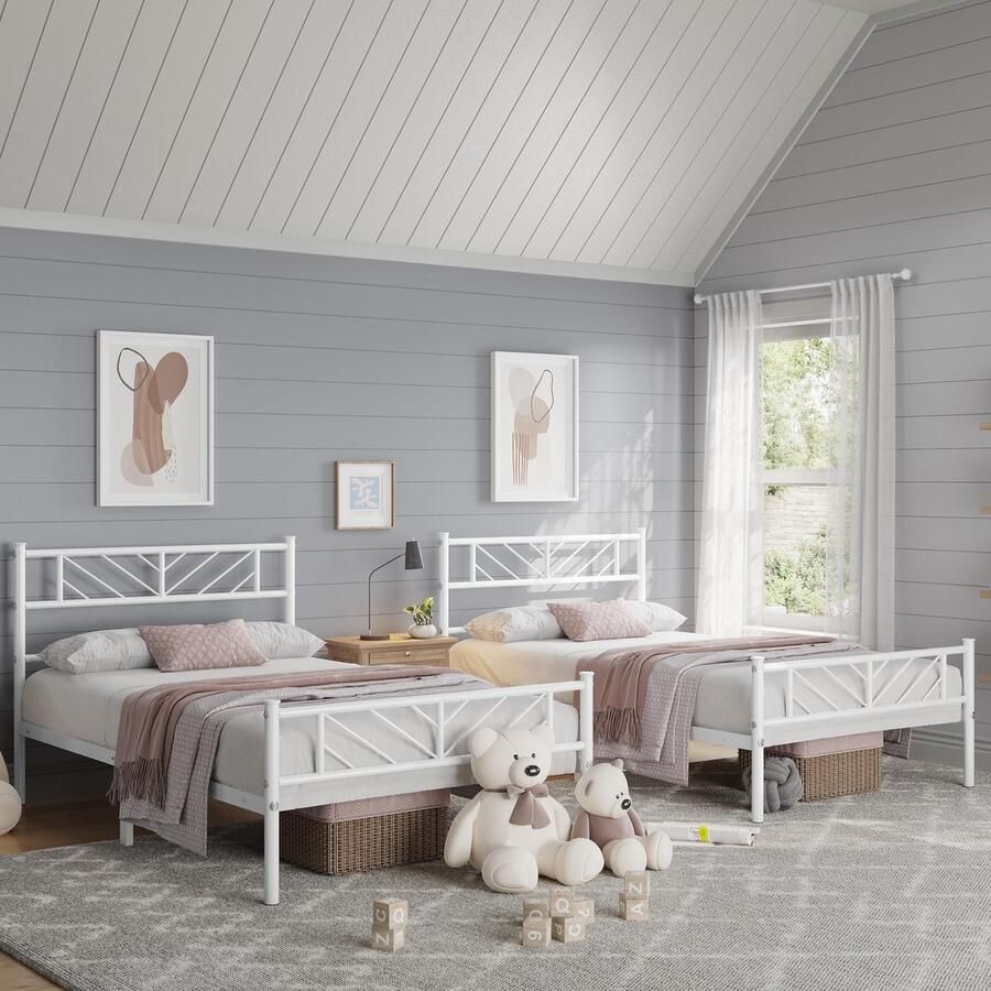 Set van 2 90 x 200 cm metalen bed minimalistisch bedframe met hoofdeinde logeerbed met lattenbodem voor slaapkamer wit