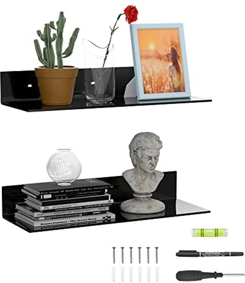Set van 2 acryl wandplanken Multifunctioneel drijvend rek voor wanddecoratie Zwart L-vormig ontwerp Ideaal voor planten boeken cosmetica en meer