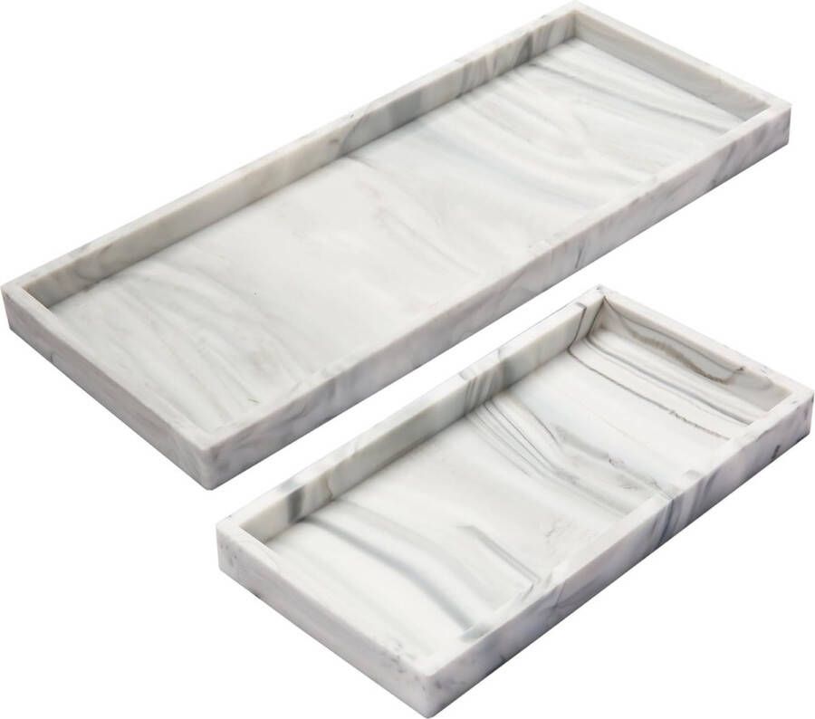 Set van 2 badkamerbakken marmerpatroon 2 maten zachte siliconen sieradenbakje kaptafel decoratieve badkamerbakorganizer voor werkblad aanrecht wastafel marmer wit