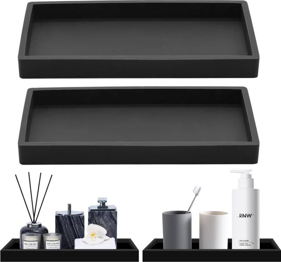 Set van 2 badkamerbakken zwart siliconen decoratief dienblad decoratief dienblad kaptafel lade-organizer voor wastafel badkuip aanrecht toilet