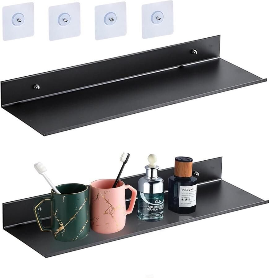 Set van 2 badkamerplanken 30 cm zonder boren badkamerplank wandplank zwart metaal