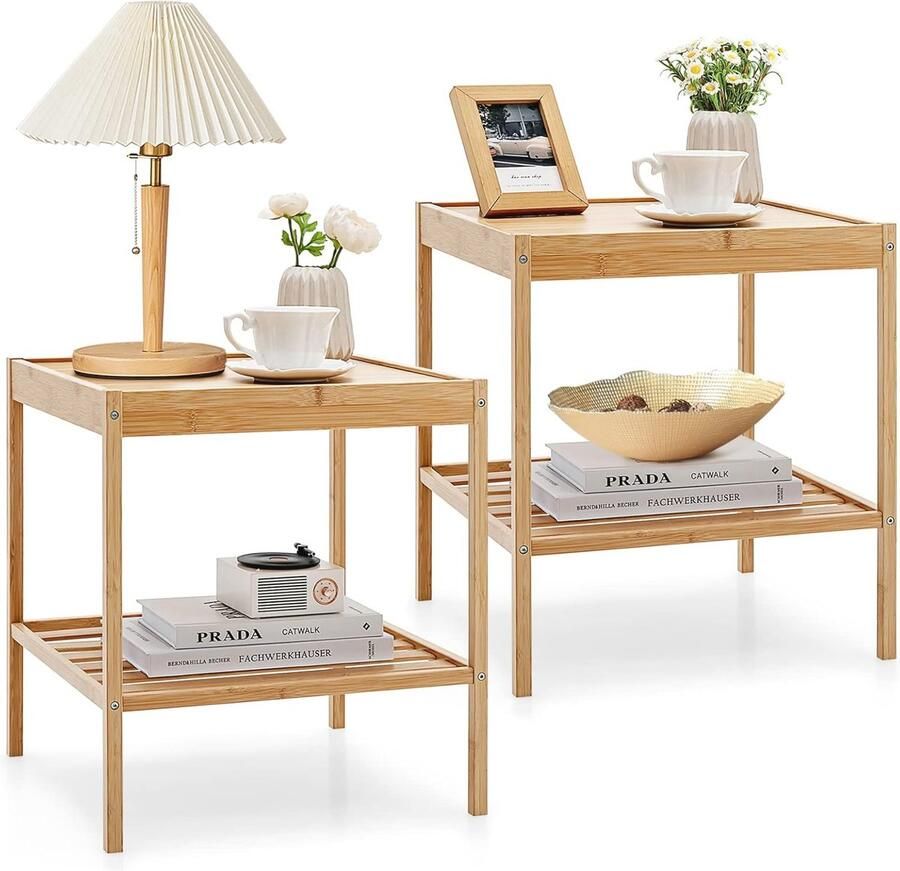 Set van 2 Bamboe Nachtkastjes Multifunctionele Bijzettafel met 2 Niveaus voor Woonkamer en Slaapkamer Compact Ontwerp 40 x 40 x 45 cm - Foto 2