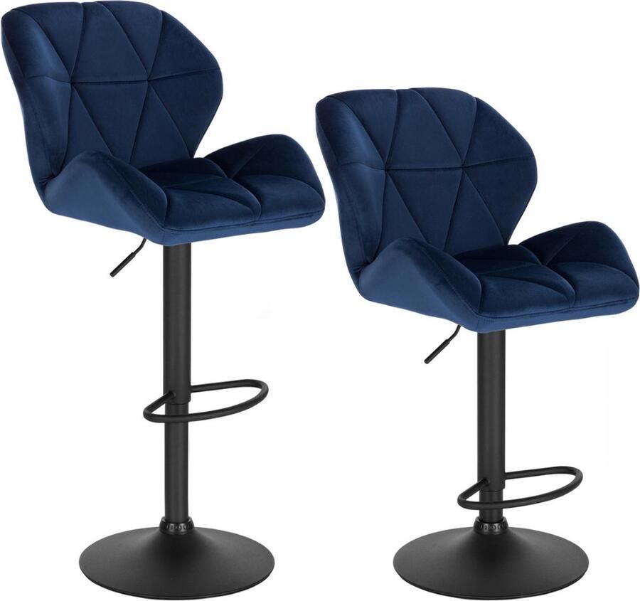 Set van 2 barkrukken Blauw fluwelen barkrukken Gas lift Barstoel Kruk Stoelen Barstoelen met rugleuning Zwart Metaal onderstel Keukenstoel Barkruk zithoogte 60-82cm