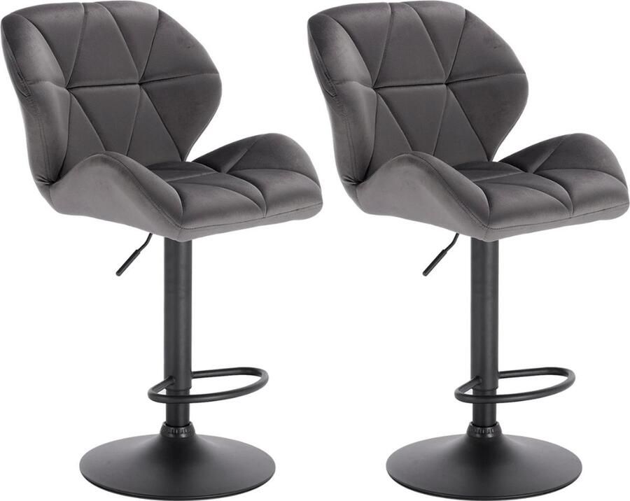 Set van 2 barkrukken Donker grijze fluwelen barkrukken Gas lift Barstoel Kruk Stoelen Barstoelen met rugleuning Zwart Metaal onderstel Keukenstoel Barkruk zithoogte 60-82cm