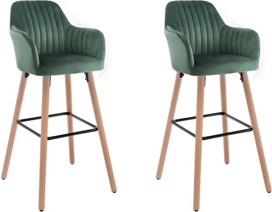 Vente-unique Set van 2 barkrukken in fluweel en metaal met beukenhouteffect Donkergroen ELEANA L 47 cm x H 98 cm x D 52 cm