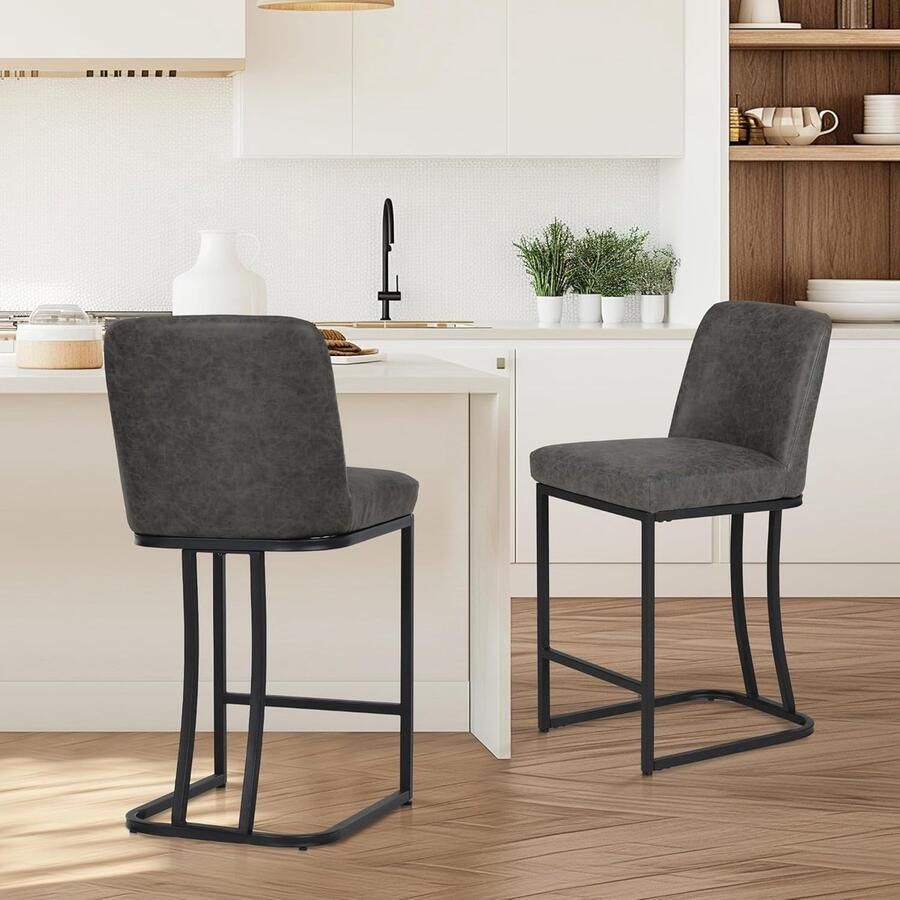 Retadou Set van 2 barkrukken ontbijtbarkrukken PU-leer keukenkruk met rugleuning barkruk met voetensteun voor aanrecht stabiel metalen stalen frame grijs