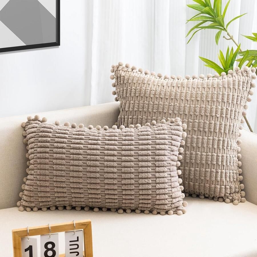 Set van 2 Beige Corduroy Kussenhoezen 40 x 40 cm Decoratieve Kussenhoezen voor Bank Slaapkamer Thuis Auto