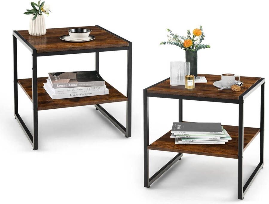Set van 2 bijzettafels 2 etages salontafel met metalen frame industrieel nachtkastje 50 x 50 x 50 cm