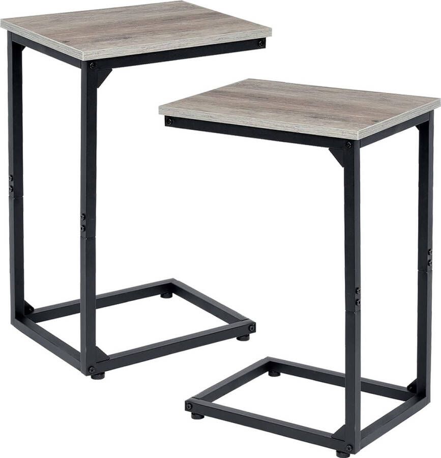Set van 2 bijzettafels C-vormige banktafel houten salontafel kleine salontafel in hoogte verstelbaar bijzettafels voor de woonkamer met metalen frame tafel voor koffie en laptop bij het bed