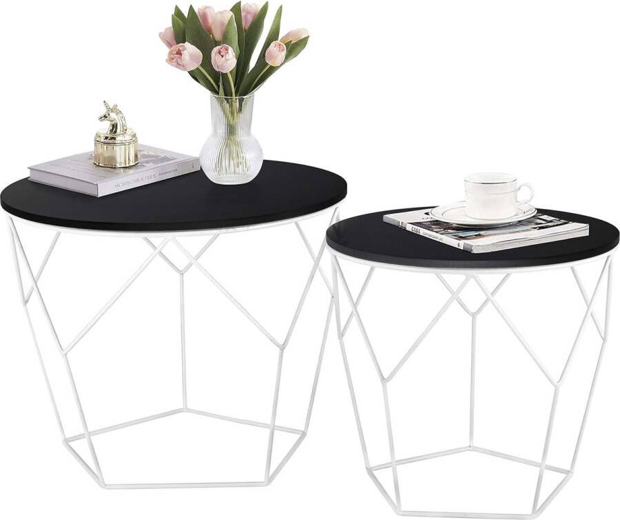 Stijlvolle Zwarte Metalen Bijzettafels met Houten Blad Set van Twee voor Woonkamer Slaapkamer Kantoor