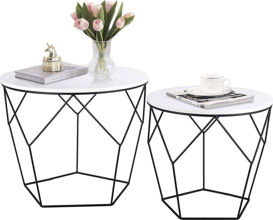 Set van 2 bijzettafels: houten plaat op stevig metalen frame salontafel met mandfunctie woonkamertafel mandtafel metalen tafels ideaal voor woonkamer slaapkamer kantoor (wit)