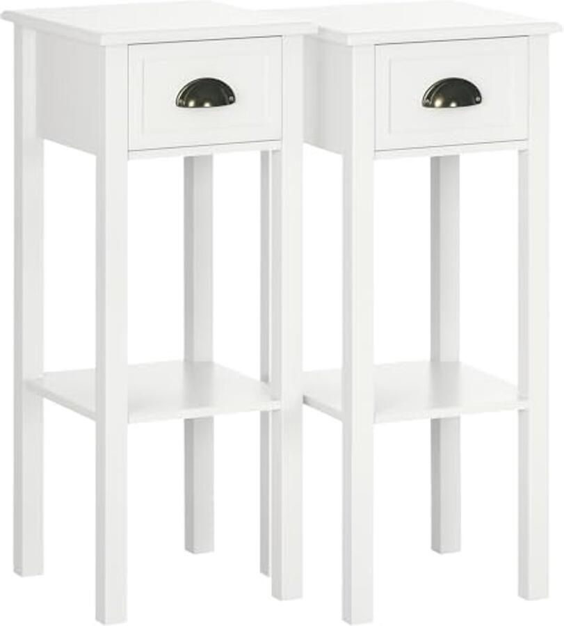 Set van 2 bijzettafels met lade en open plank modern design 30L x 30B x 75H cm wit MDF
