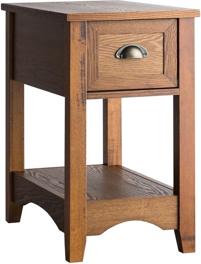 Set van 2 Bijzettafels met Lade – Nachtkastje Retro Stijl Rubberhouten Poten 56x33x58 5 cm Koffie Bruin Brons