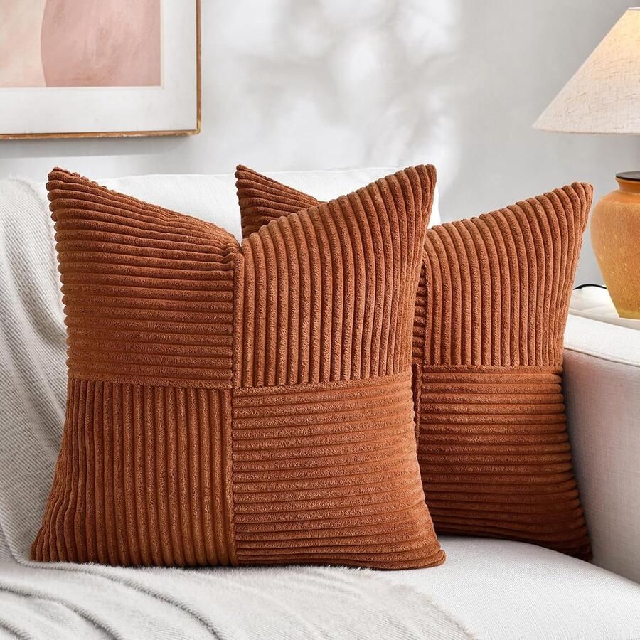 Set van 2 Bohemian decoratieve kussenslopen-45x45 cm voor banken -bedden en divans-rustieke herfstdecoratie-zachte corduroy textuur-terracotta kleur