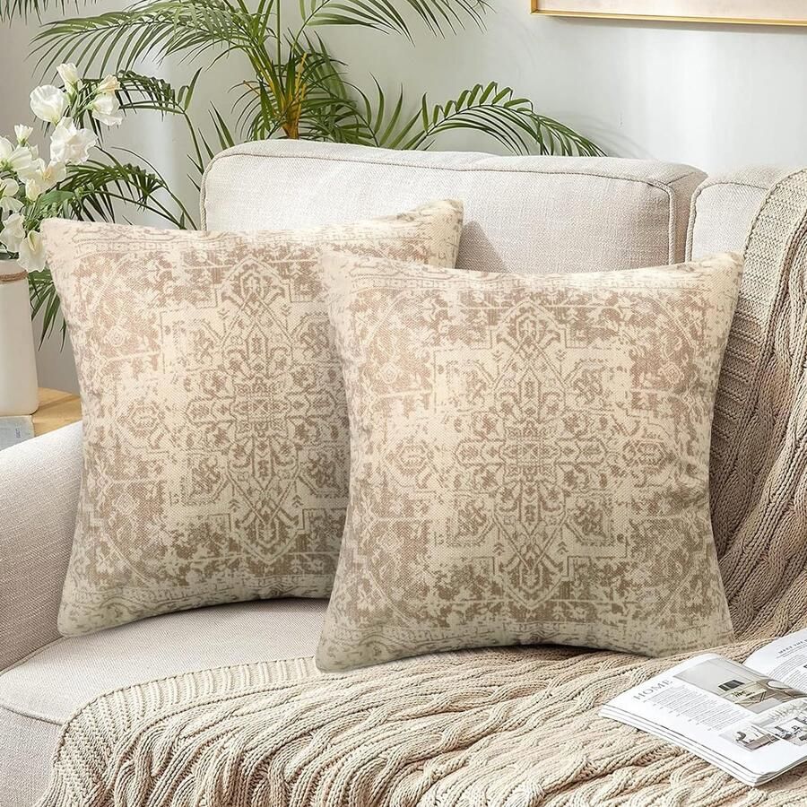Set van 2 bohemian kussenslopen 45 x 45 cm dubbelzijdig Indiaas abstract linnen beige kussensloop vierkant decoratieve kussenhoezen sierkussenhoezen outdoor kussens voor bank