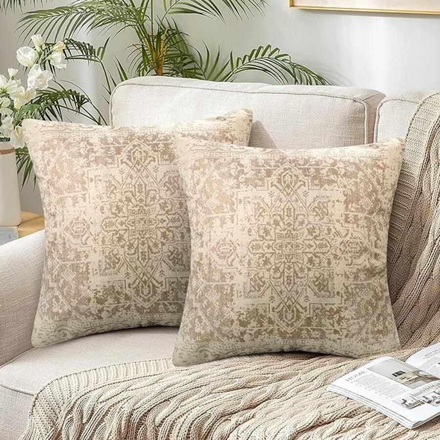 Set van 2 bohemian kussenslopen 45 x 45 cm dubbelzijdig Indiaas abstract linnen beige kussensloop vierkant decoratieve kussenhoezen sierkussenhoezen outdoor kussens voor bank