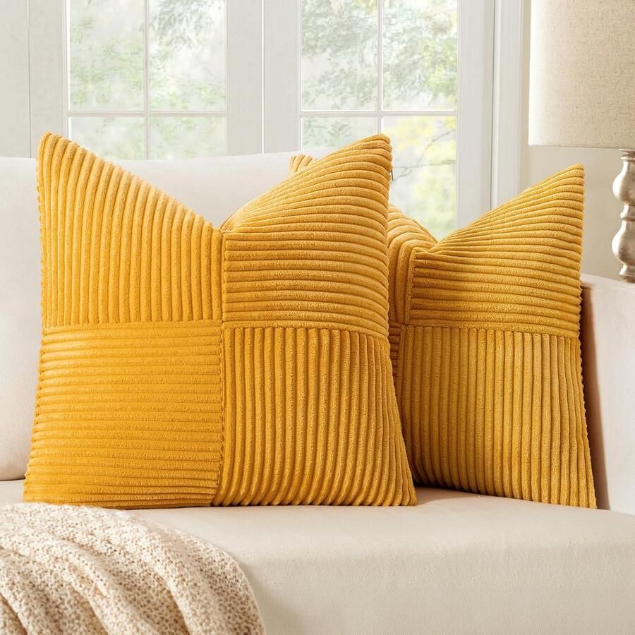 Set van 2 Boho Corduroy Herfstkussenslopen 45 x 45 cm in Geel Decoratieve Kussenhoezen voor Bank
