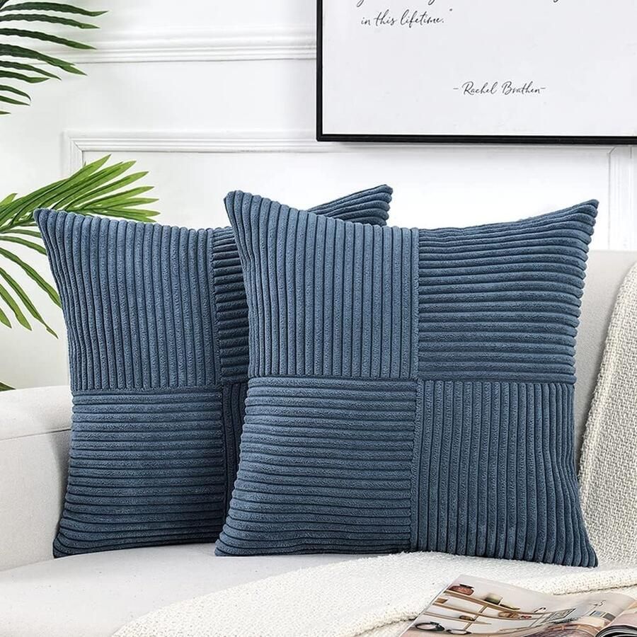 Inovra Set van 2 Boho Corduroy Kussenhoezen 65 x 65 cm Blauwe Effen Fluffy Vierkante Kussenhoezen Decoratieve Kussenhoes voor Bank Slaapkamer Woonkamer Balkon