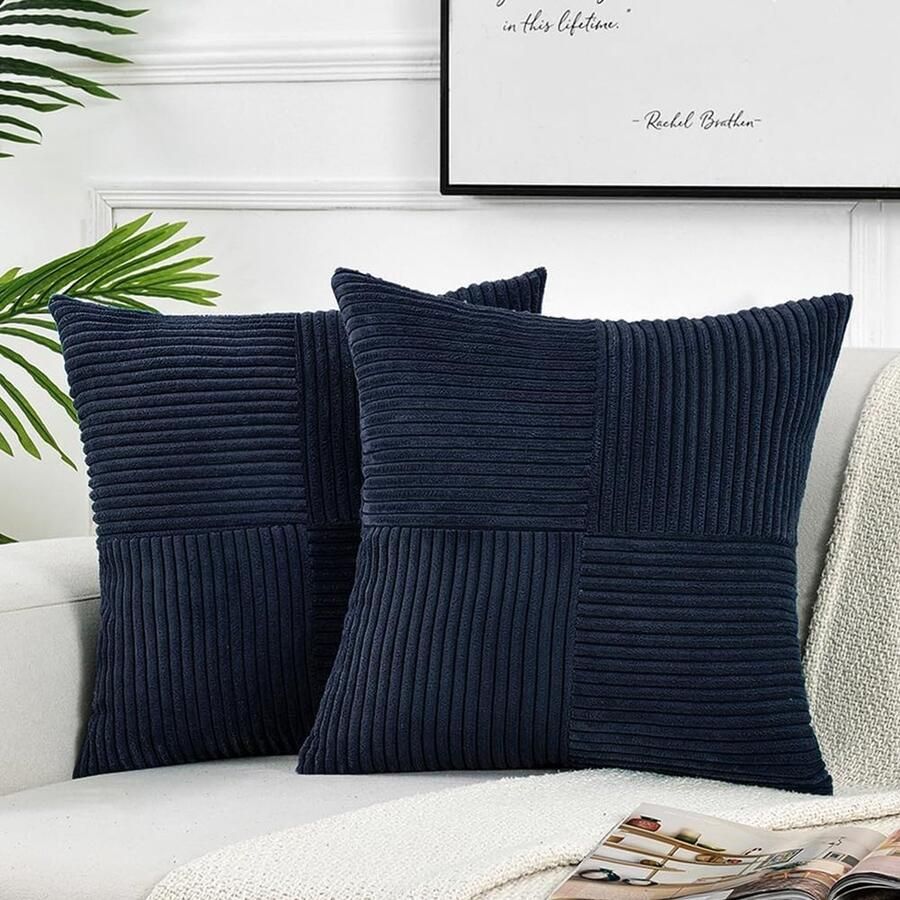 Set van 2 boho-corduroy kussenslopen 55 x 55 cm marineblauw effen wollige kussenslopen kussenovertrek decoratief kussensloop decoratief kussen voor bank slaapkamer woonkamer balkon