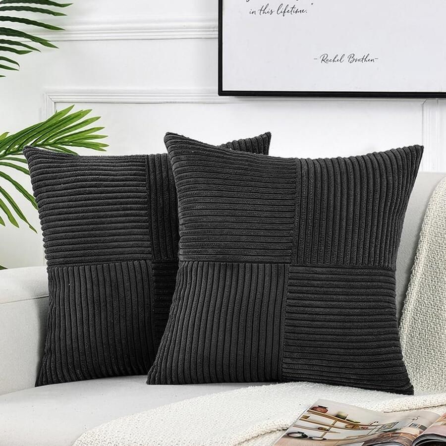 Set van 2 boho-corduroy kussenslopen 65 x 65 cm zwart effen wollig vierkante kussenslopen kussenovertrek decoratief kussensloop bankkussen decoratief kussen voor bank slaapkamer