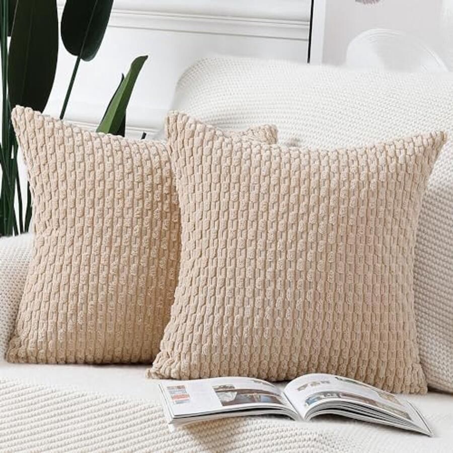 Set van 2 Boho Corduroy Kussenslopen Zachte Decoratieve Kussenhoezen voor Bank en Slaapkamer 65x65 cm Beige