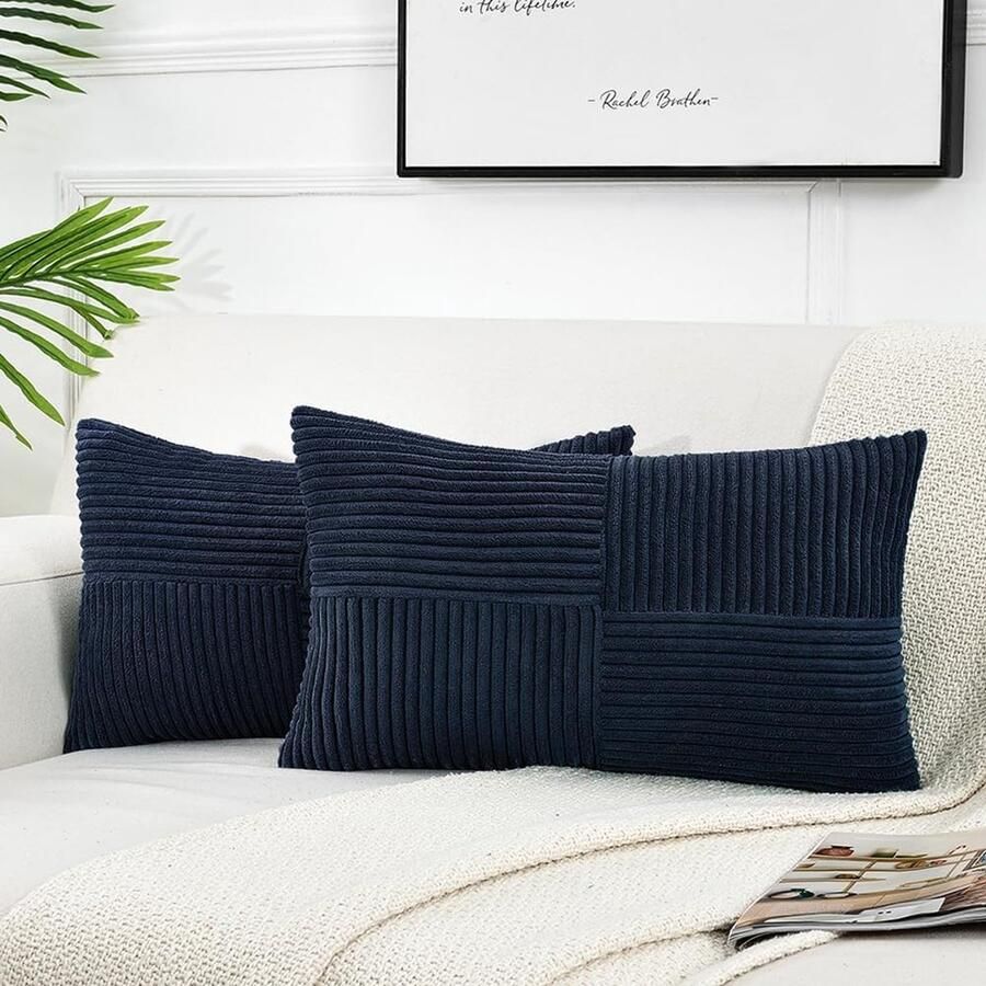 Set van 2 boho-corduroy rechthoekig 30 x 50 cm marineblauw effen wollige kussenslopen kussenovertrek decoratief kussensloop bankkussen decoratief kussen voor bank slaapkamer woonkamer