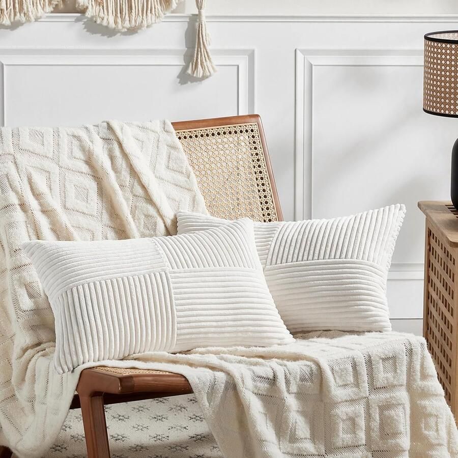 Set van 2 boho-corduroy rechthoekig 30 x 50 cm melkwit effen wollige kussenslopen kussenovertrek decoratief kussensloop bankkussen decoratief kussen voor bank slaapkamer woonkamer