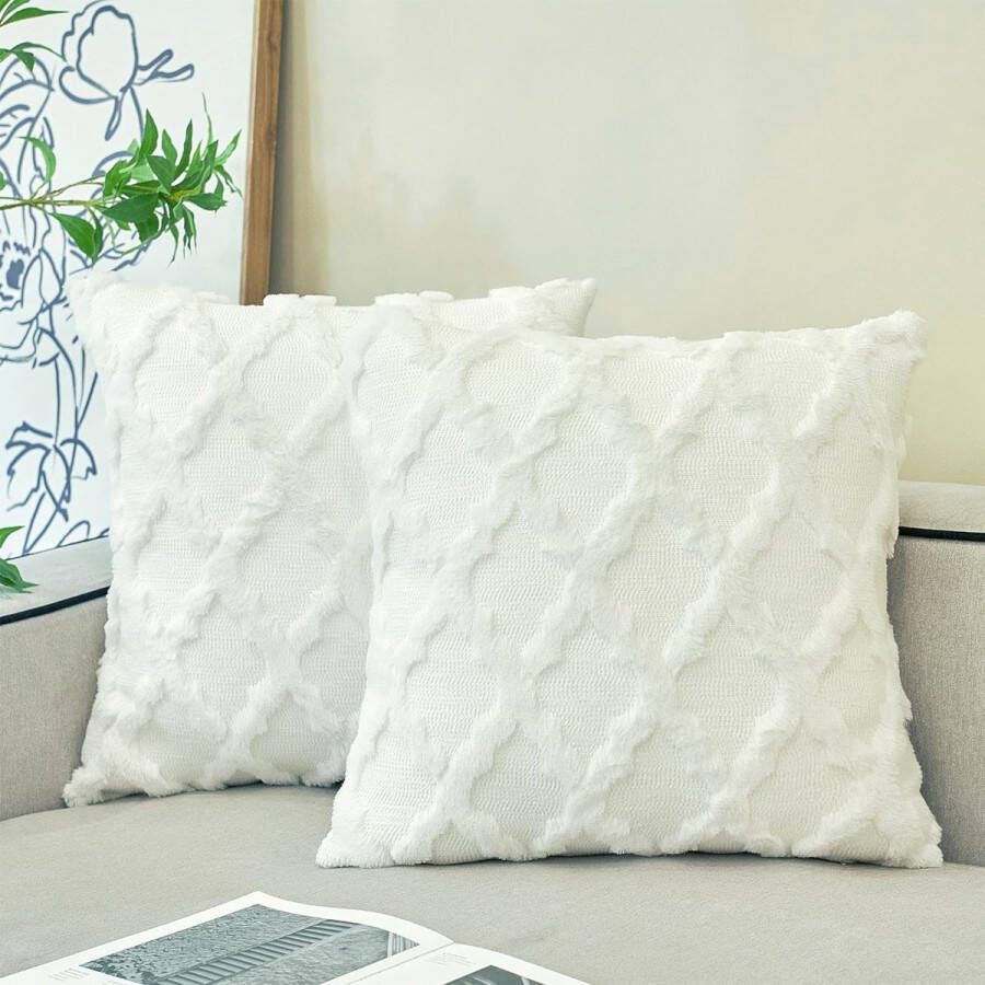 Set van 2 boho-decoratieve kussenslopen 40 x 40 cm crèmewit kussen bankkussen sierkussen wollige kussenslopen kussenhoes voor bank
