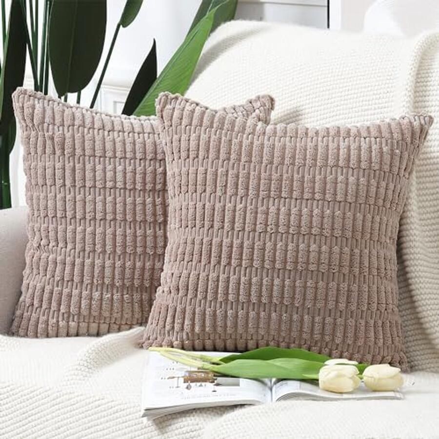 Set van 2 Boho Gestreepte Corduroy Kussenslopen 40x40 cm Bruin Decoratieve Kussenhoezen voor Bank en Slaapkamer