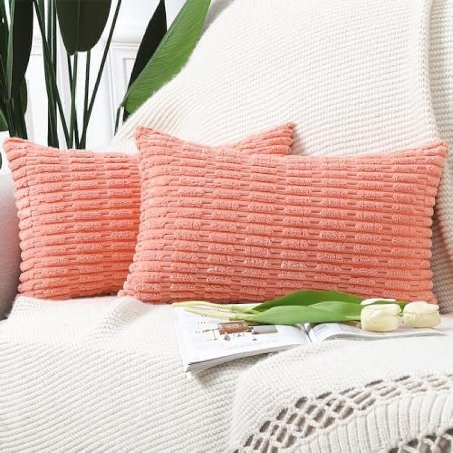 Set van 2 Boho Gestreepte Corduroy Kussenslopen Zacht Decoratief Kussenhoesje voor Bank Slaapkamer Kussenomslag 30x50 cm Koraal
