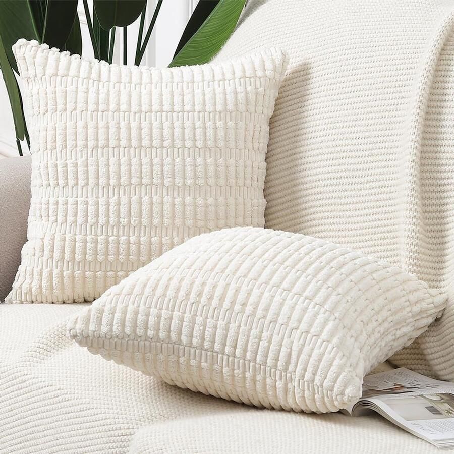 Set van 2 Boho Gestreepte Corduroy Kussenslopen Zacht Decoratief Kussenhoesje voor Bank Slaapkamer Kussenomslag 45x45 cm Beige