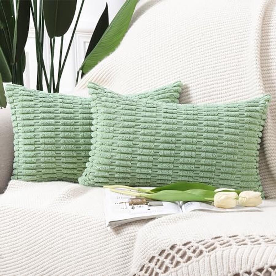Set van 2 Boho Gestreepte Katoenen Kussenslopen Zacht Decoratief voor Bank en Slaapkamer 30x50cm Groen